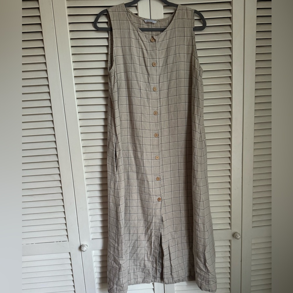 Linenfox midi dress in tan check size large